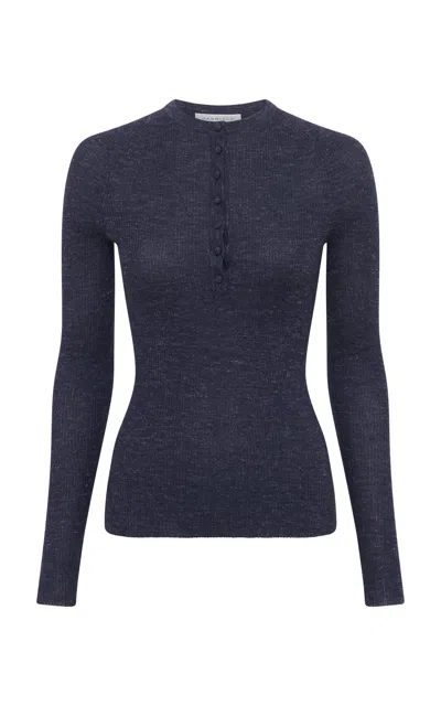GABRIELA HEARST ANGES KNIT HENLEY IN NAVY CASHMERE SILK WITH HEMP