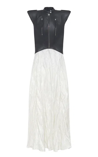 Gabriela Hearst Athena Moto Midi Dress In Black Leather & Ivory Metallic Crinkled Silk In Black/ivory