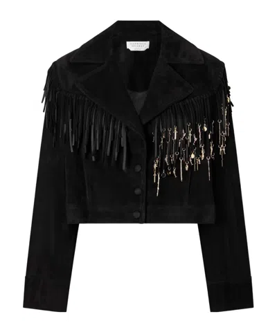 Gabriela Hearst Azra Fringed Leather-trimmed Embellished Suede Jacket In Black