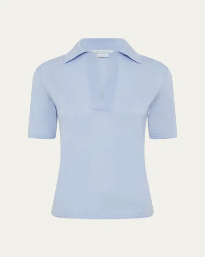Gabriela Hearst Caius Short-sleeve Wool-silk Polo Sweater In Halogen Blue