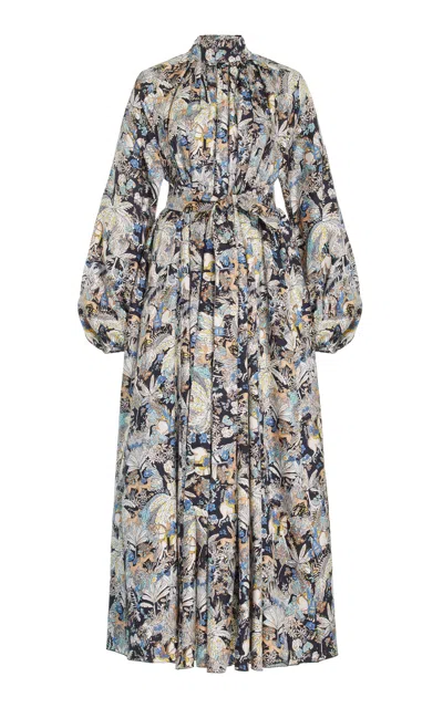Gabriela Hearst Cedric Printed High-neck Belted Silk Dress In Blue Multi
