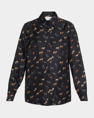 Gabriela Hearst Cruz Horse-print Silk Button-down Shirt In Blue