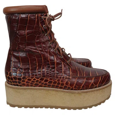 Pre-owned Gabriela Hearst David Cogna Embossed Platform Lace Up Boots In Brown Leather