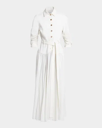 Gabriela Hearst Delyth Belted Frayed Pleated Denim-blend Linen Midi Dress In White