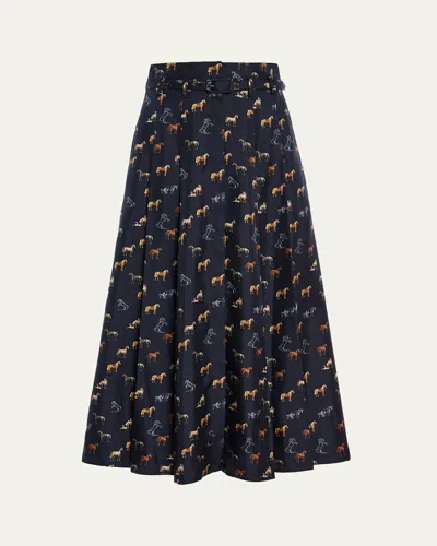 Gabriela Hearst Dugald Horse-print Silk Pleated Midi Skirt In Blue