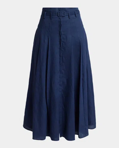 Gabriela Hearst Dugald Pleated Linen Belted Midi Skirt