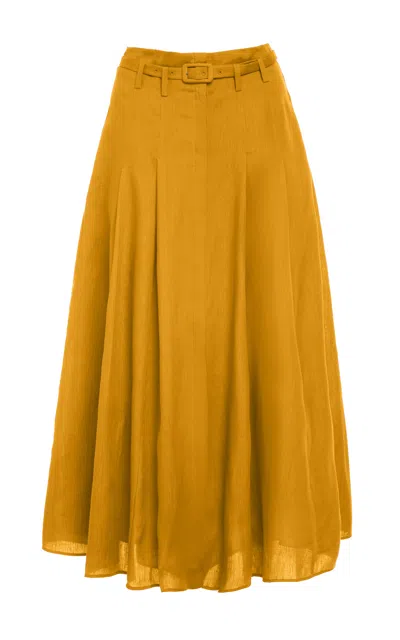Gabriela Hearst Dugald Pleated Midi Skirt In Golden Birch Aloe Linen In Yellow