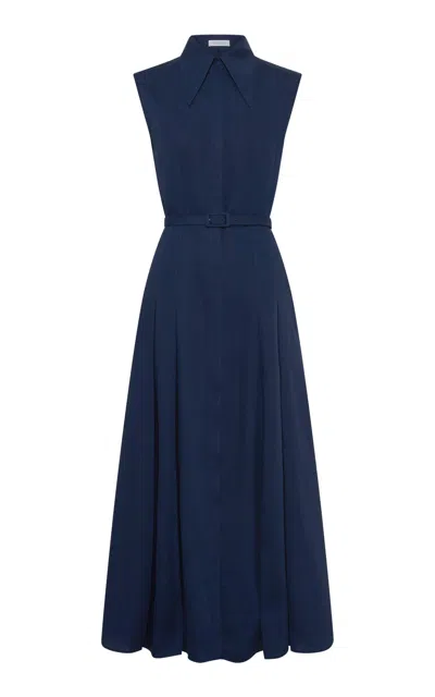 Gabriela Hearst Durand Pleated Maxi Shirtdress In Linen In Blue