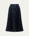 Gabriela Hearst Eames Floral Sunburst Pleated Satin Skirt In Dark Navyemerald Gr