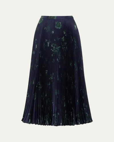Gabriela Hearst Eames Floral Sunburst Pleated Satin Skirt In Dark Navyemerald Gr