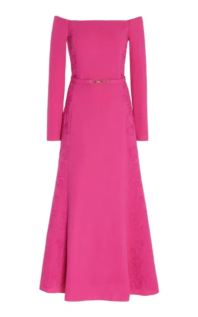 Gabriela Hearst Carole Off-the-shoulder Belted Wool-crepe Dress In Fuchsia