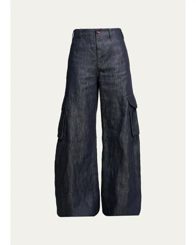 Gabriela Hearst Eos Cotton-linen Sculptural Flared Cargo Pants In Denim