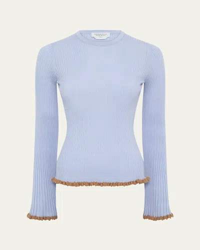 Gabriela Hearst Erya Ruffle-trim Rib Crewneck Sweater In Halogen Blue
