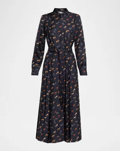 Gabriela Hearst Galway Horse-print Silk Belted Maxi Shirtdress In Blue
