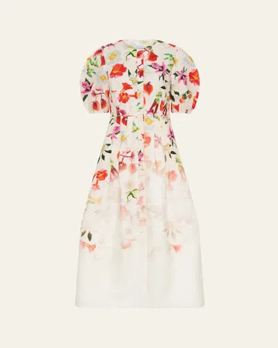 Gabriela Hearst Ignis Degrade Floral-print Linen Puff-sleeve Midi Dress In Multi