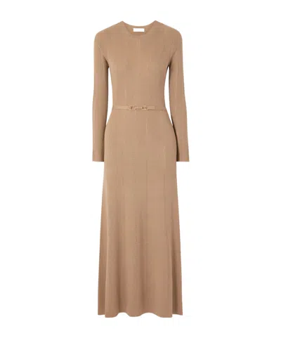 Gabriela Hearst Imagene Belted Ribbed Pointelle-knit Wool Midi Dress In Brown