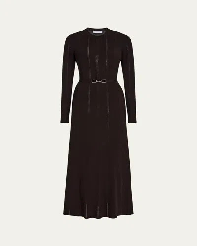 Gabriela Hearst Imagene Ribbed Long-sleeve Midi Dress With Belt In Brown