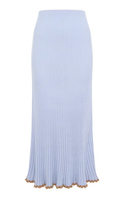 Gabriela Hearst Kavya Lace-trimmed Ribbed Wool-silk Midi Skirt In Blue