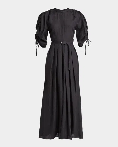 Gabriela Hearst Linnea Ruched-sleeve Pleated Linen Maxi Dress With Belt In Black