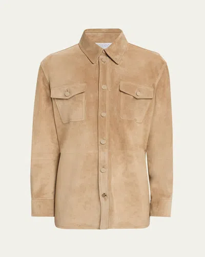 Gabriela Hearst Men's Lucas Suede Overshirt In Camel