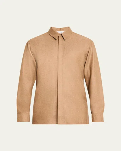 Gabriela Hearst Men's Nicolas Concealed-placket Sport Shirt In Camel Melange