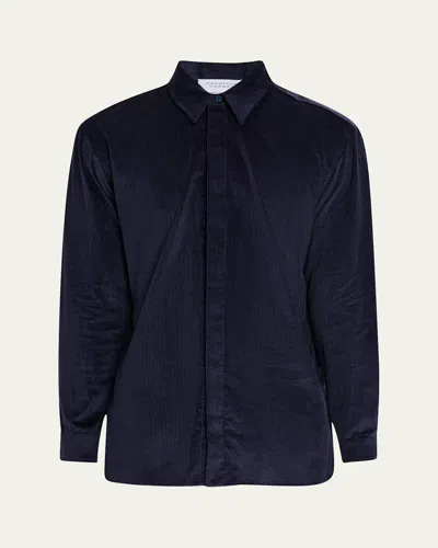 Gabriela Hearst Men's Nicolas Corduroy Concealed-placket Sport Shirt In Dark Navy