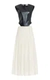 GABRIELA HEARST MINA PLEATED DRESS IN IVORY VIRGIN WOOL CASHMERE WITH METALLIC NAPPA LEATHER BODICE