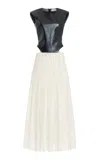Gabriela Hearst Mina Leather Bodice Pleated Wool-cashmere Maxi Dress In Black/ivory