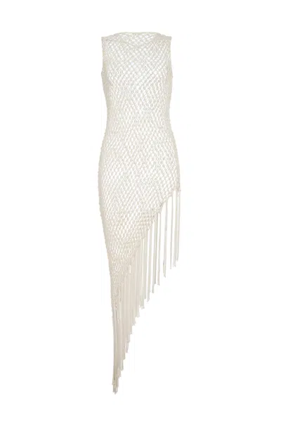 Gabriela Hearst Nabia L Fringe Macrame Maxi Dress In Ivory Silk In White