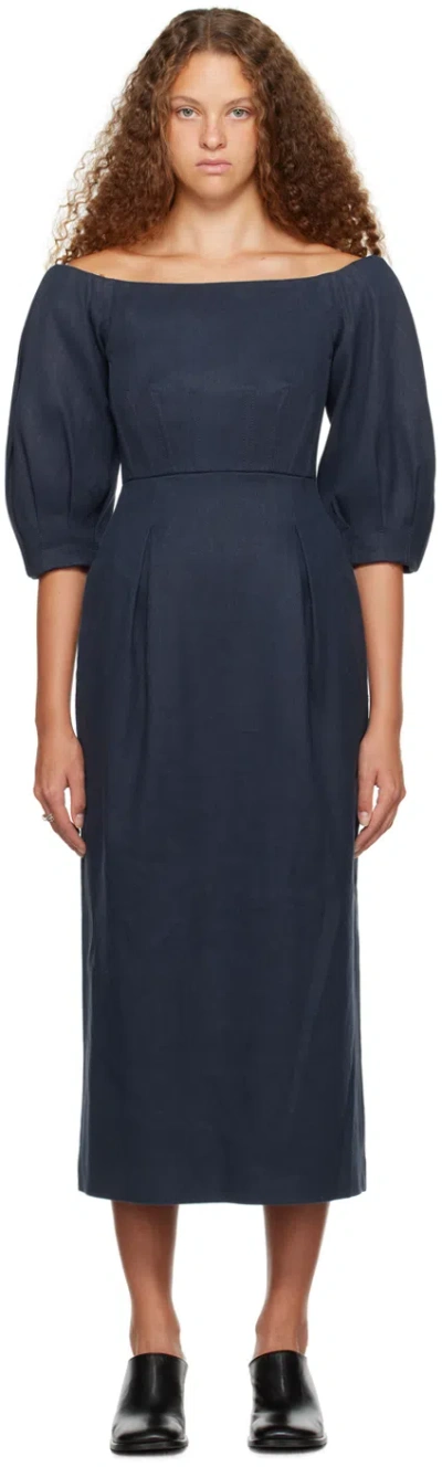 Gabriela Hearst Majano Off-the-shoulder Hemp And Cotton-blend Twill Midi Dress In Blue