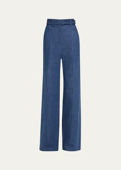 Gabriela Hearst Norman Belted Cotton And Linen-blend Wide-leg Pants In Denim