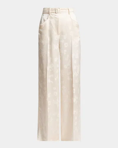 Gabriela Hearst Norman Floral Satin Jacquard Wide-leg Pants With Belt In Neutral