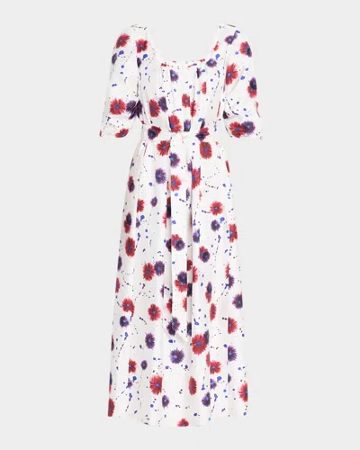 Gabriela Hearst Payden Floral Print Silk Puff-sleeve Midi Dress In Ivory Multi