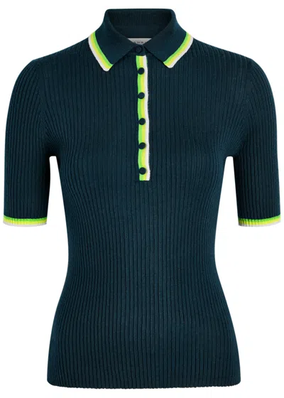 Gabriela Hearst Perro Ribbed Cashmere And Silk-blend Polo Shirt In Blue