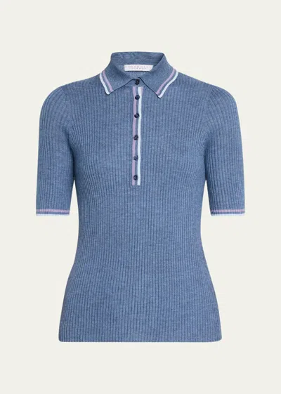 Gabriela Hearst Perro Ribbed Cashmere Polo Top In Denim Blue