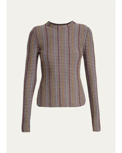 Gabriela Hearst Pons Cashmere-silk Striped Houndstooth Crewneck Sweater In Camel Multi