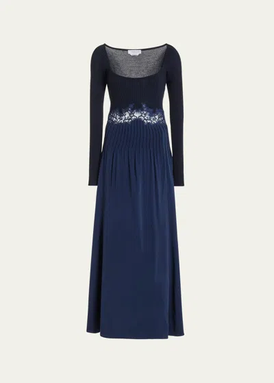 Gabriela Hearst Prior Mixed-media Lace Long-sleeve Maxi Dress In Navy
