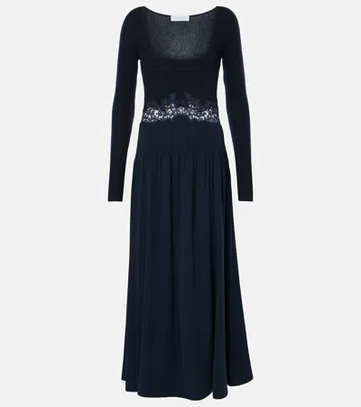 Gabriela Hearst Prior Mixed-media Lace Long-sleeve Maxi Dress In Navy