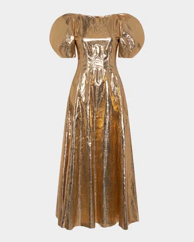 Gabriela Hearst Ranya Metallic Linen Puff-sleeve Maxi Dress In Gold