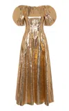 Gabriela Hearst Rayna Puff-sleeve Foiled Linen Maxi Dress In Gold