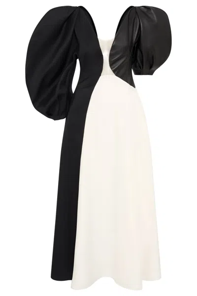 Gabriela Hearst Sephir Puff Sleeve Maxi Dress In Ivory Silk Wool Cady, Black Linen Slub & Leather In Multi