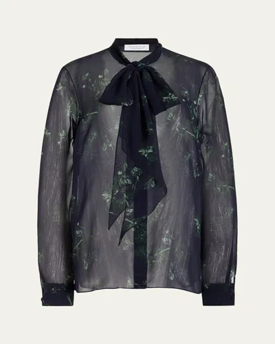 Gabriela Hearst Shildon Sheer Floral Scarf-tie Top In Dark Navyemerald Gr