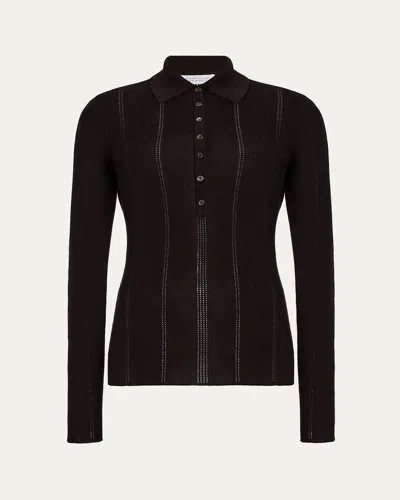 Gabriela Hearst Sophia Rib Knit Long-sleeve Polo Shirt In Black