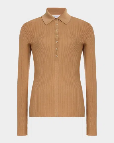 Gabriela Hearst Sophia Rib Knit Long-sleeve Polo Shirt In Brown