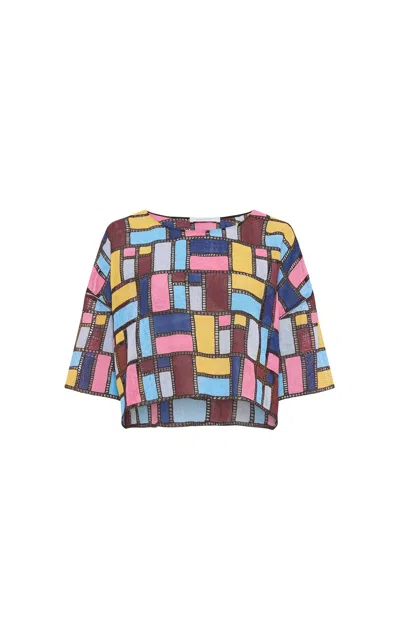 Gabriela Hearst Tatia Patchwork Embroidered Cropped Top In Aurora Multi Linen