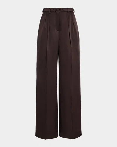 Gabriela Hearst Vargas Textured Satin Pleated Straight-leg Pants With Belt In Brown