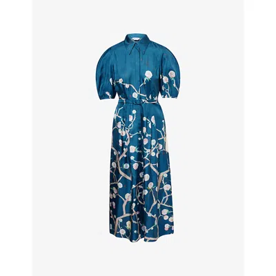 Gabriela Hearst Maude Pleated Midi Shirtdress In Blue Multi Printed Silk Twill