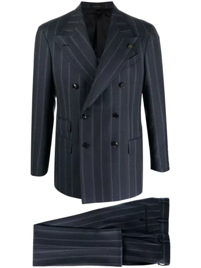 Gabriele Pasini Double-breasted Navy Pinstripe Blazer And Slim Trousers Suit In Blue