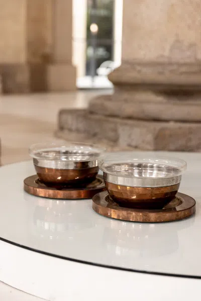 Pre-owned Gabriella Crespi Copper And Barovier Glass Bowls Designed By , Certificated In Brown