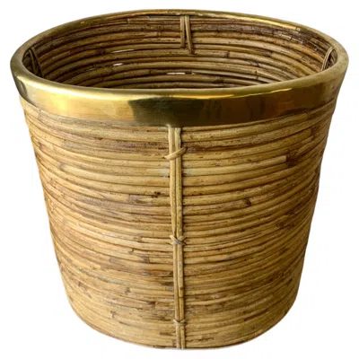 Pre-owned Gabriella Crespi Large Rattan And Brass Basket, Italy, Circa 1970's In Brown